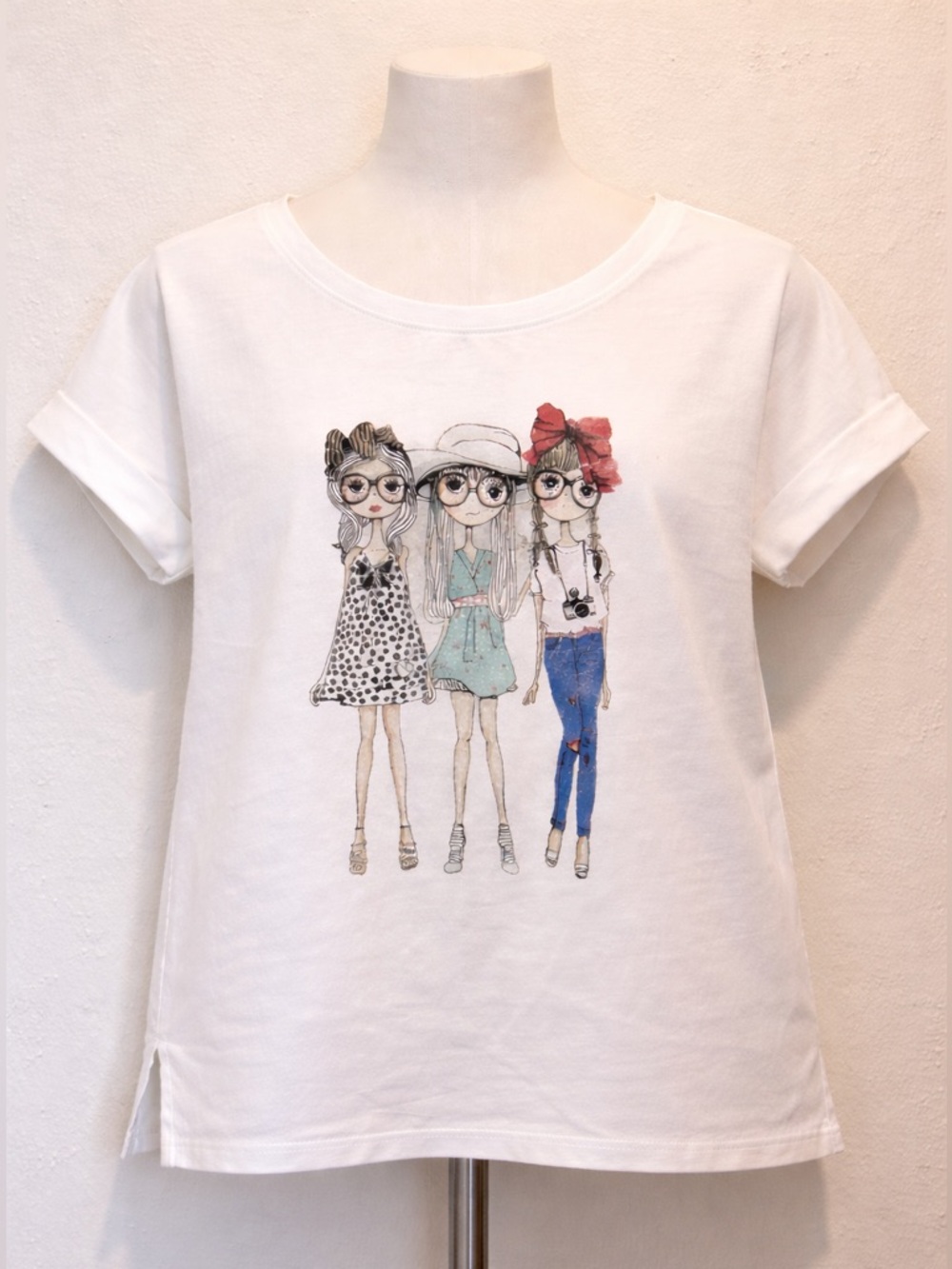 Soft White Graphic Tee with Fashion Doll Print